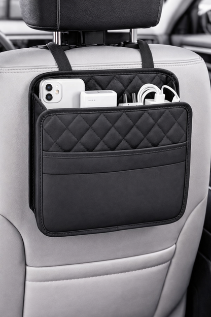 Premium Leather Car Seat Back Organizer – Multipurpose Storage & Trash Bag, Universal Fit for All Vehicles