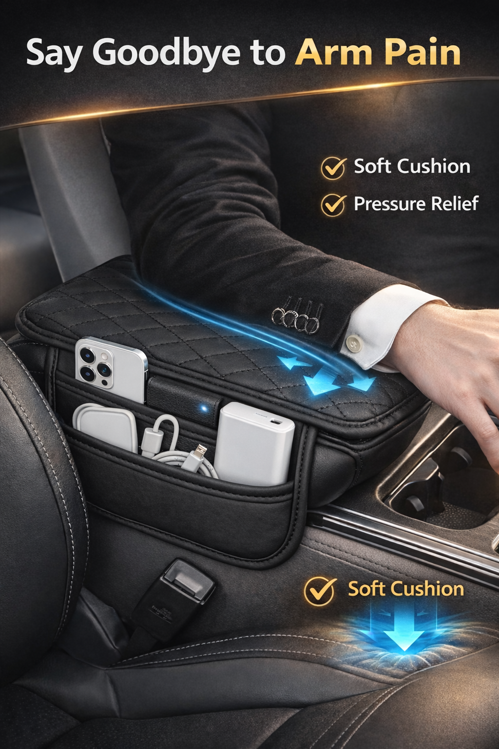 Car Armrest Cushion Cover with Storage Pocket – Soft Leather Center Console Pad, Pressure Relief & Organizer for Car Interior
