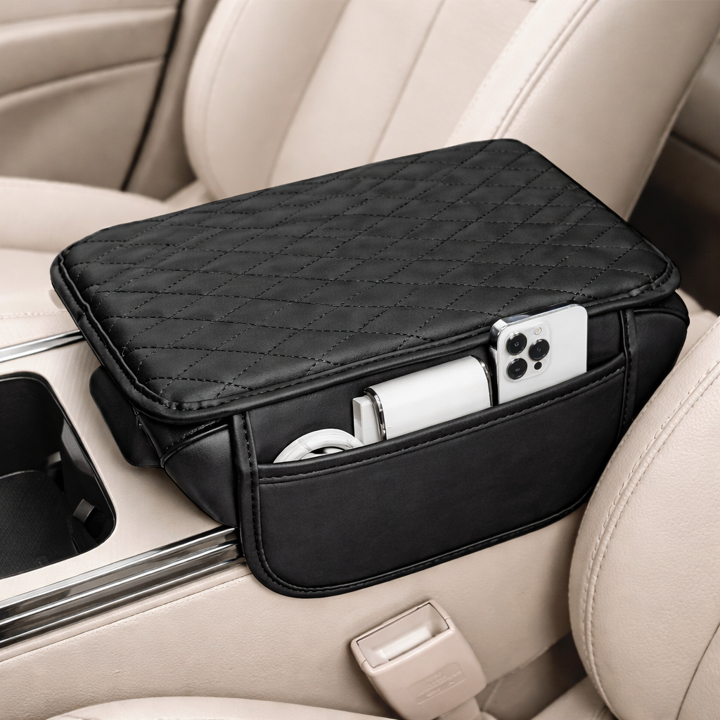 Car Armrest Cushion Cover with Storage Pocket – Soft Leather Center Console Pad, Pressure Relief & Organizer for Car Interior