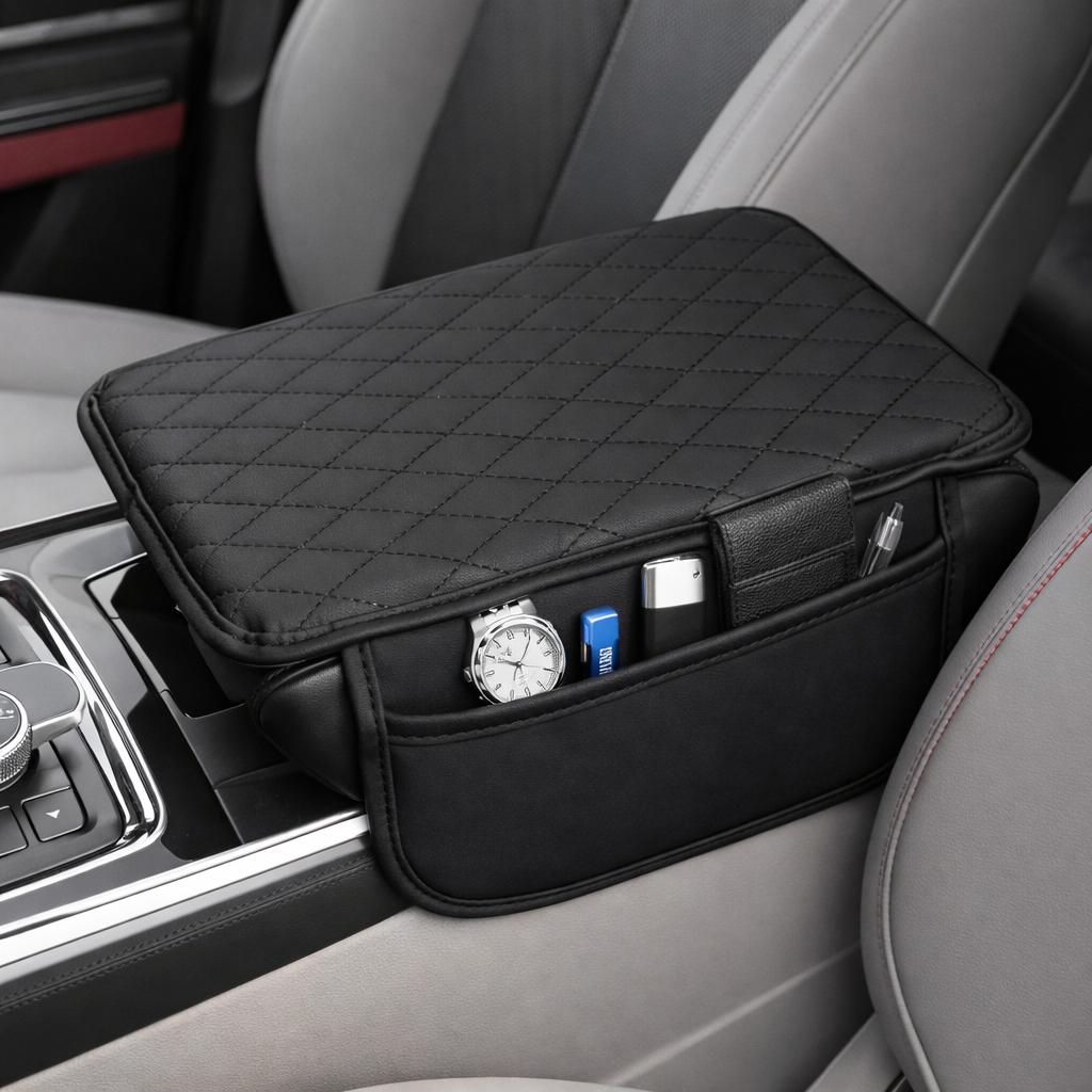 Car Armrest Cushion Cover with Storage Pocket – Soft Leather Center Console Pad, Pressure Relief & Organizer for Car Interior