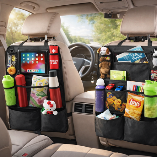 Car Backseat Organizer with Tablet Holder, 9 Storage Pockets Kick Mat Seat Protector, Waterproof Car Seat Organizer for Travel Accessories, Universal Fit (2 Pack)