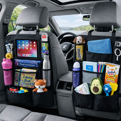 Car Backseat Organizer with Tablet Holder, 9 Storage Pockets Kick Mat Seat Protector, Waterproof Car Seat Organizer for Travel Accessories, Universal Fit (2 Pack)