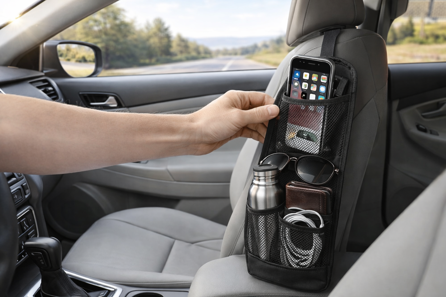 Car Seat Side Organizer Hanging Storage Bag, Multi-Pocket Car Storage Organizer with Mesh and Zipper Pockets, Car Seat Storage Pocket for Phone, Bottle, Wallet, Universal Fit (2 Pack)