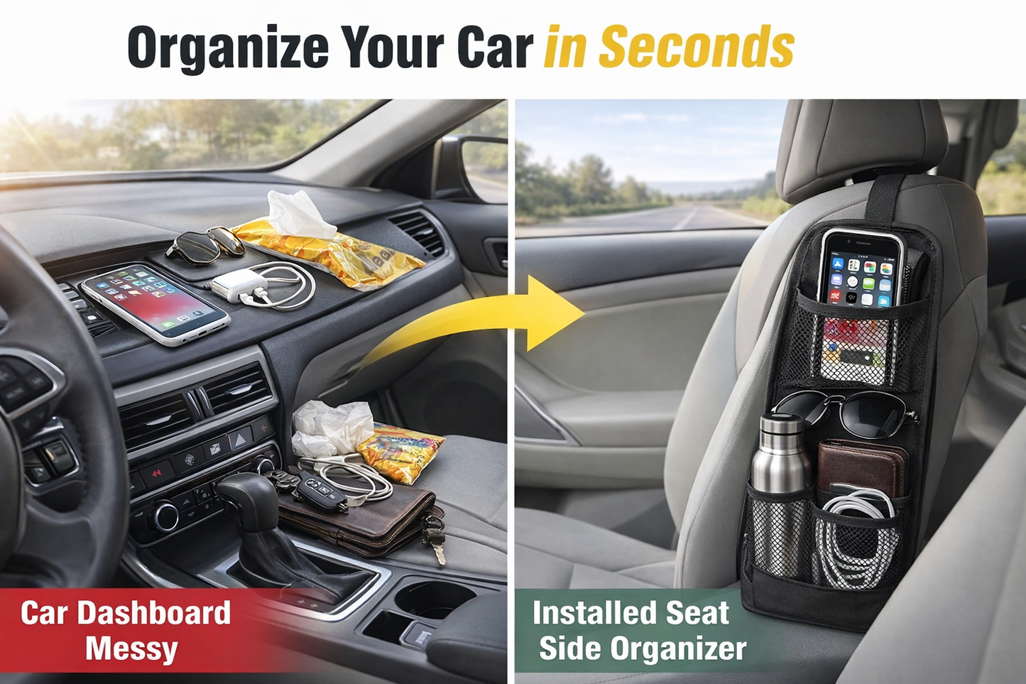 Car Seat Side Organizer Hanging Storage Bag, Multi-Pocket Car Storage Organizer with Mesh and Zipper Pockets, Car Seat Storage Pocket for Phone, Bottle, Wallet, Universal Fit (2 Pack)