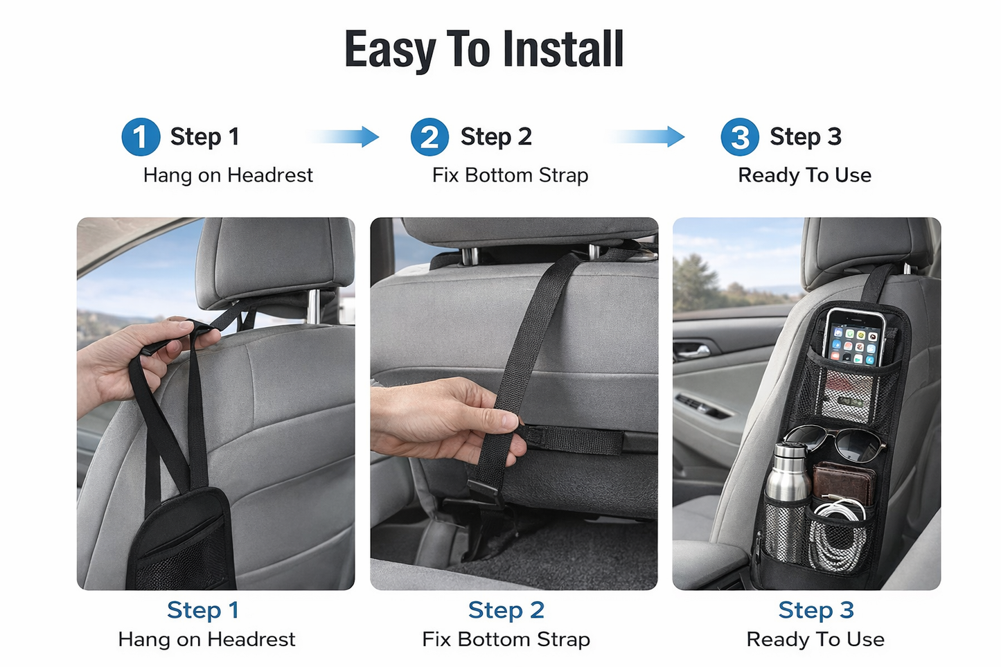 Car Seat Side Organizer Hanging Storage Bag, Multi-Pocket Car Storage Organizer with Mesh and Zipper Pockets, Car Seat Storage Pocket for Phone, Bottle, Wallet, Universal Fit (2 Pack)