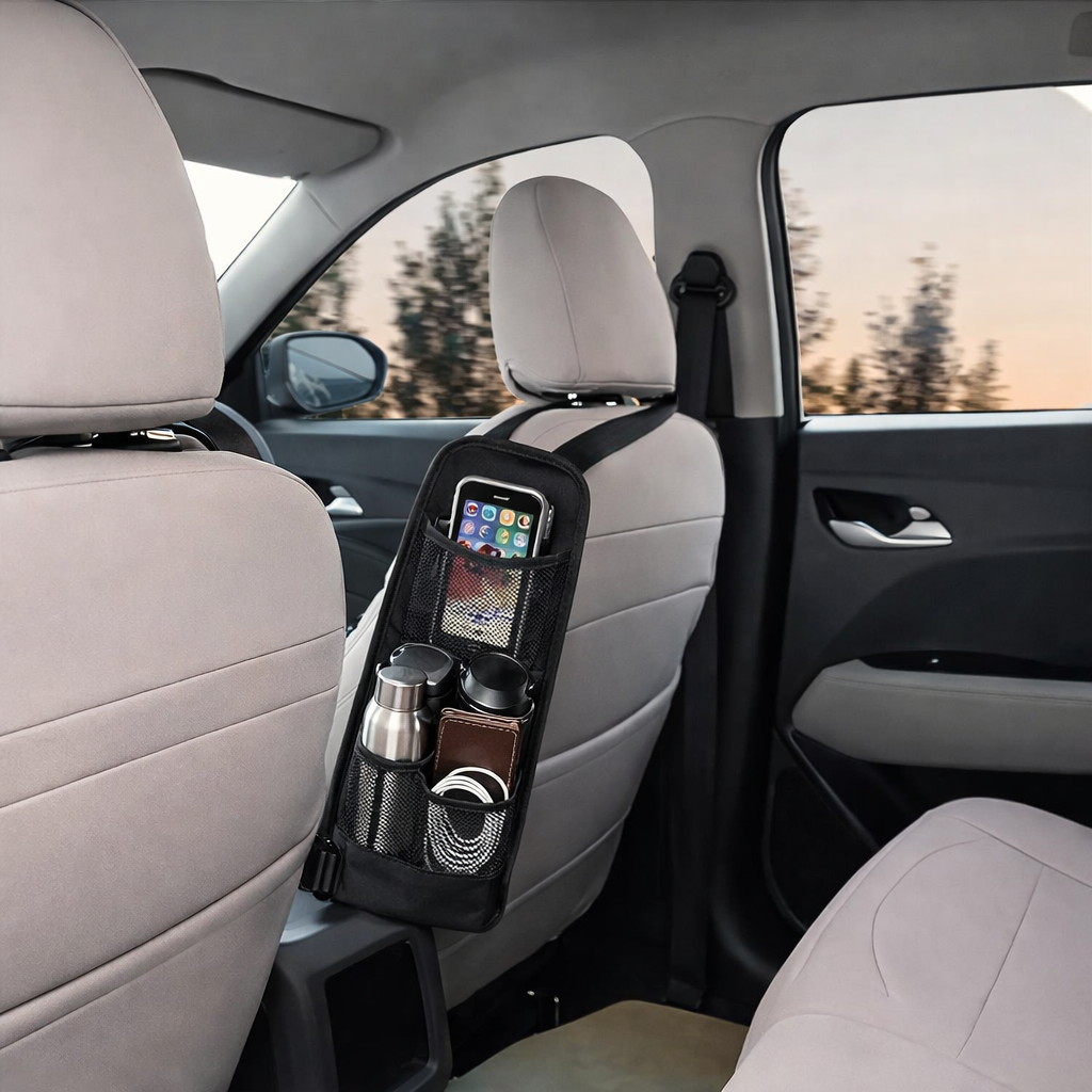 Car Seat Side Organizer Hanging Storage Bag, Multi-Pocket Car Storage Organizer with Mesh and Zipper Pockets, Car Seat Storage Pocket for Phone, Bottle, Wallet, Universal Fit (2 Pack)